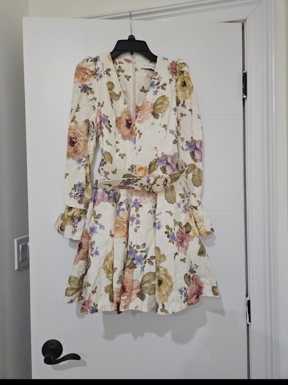 Zimmermann Floral V-Neck Long Sleeve Dress with Belt
